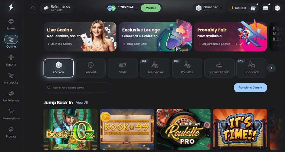 Cloudbet casino webpage