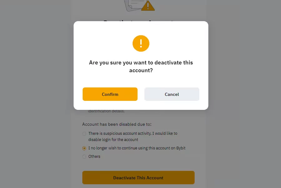 bybit confirm deactivation of account