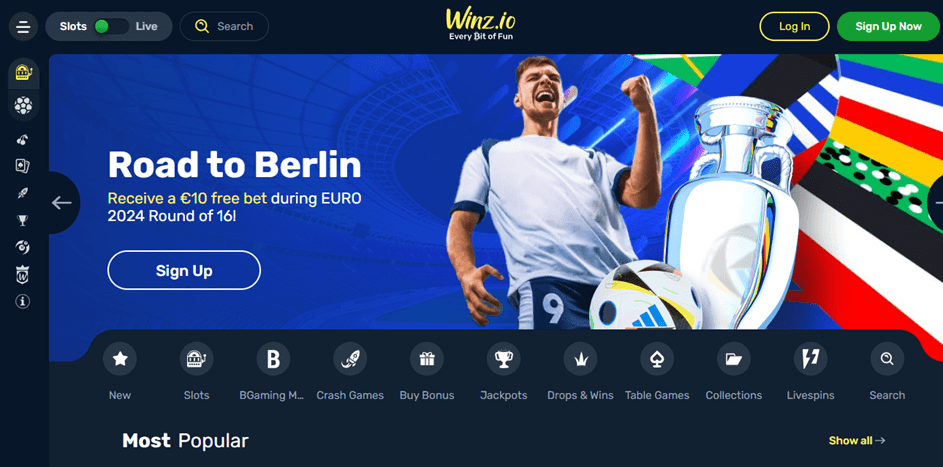 Winz.io casino webpage