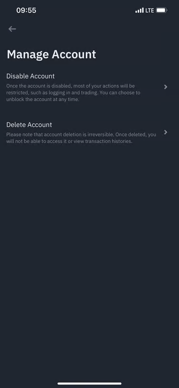 Binance app account managment tab