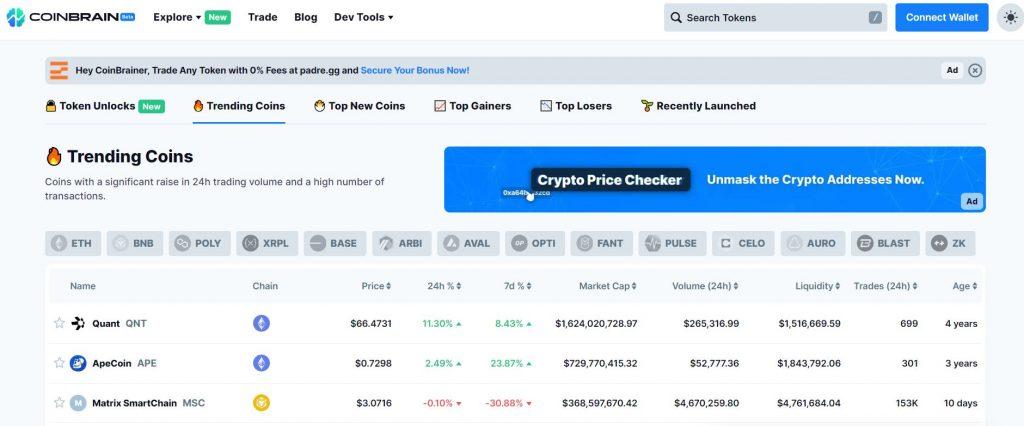 CoinBrain is one of the top 11 DEX Screener Tools in 2024