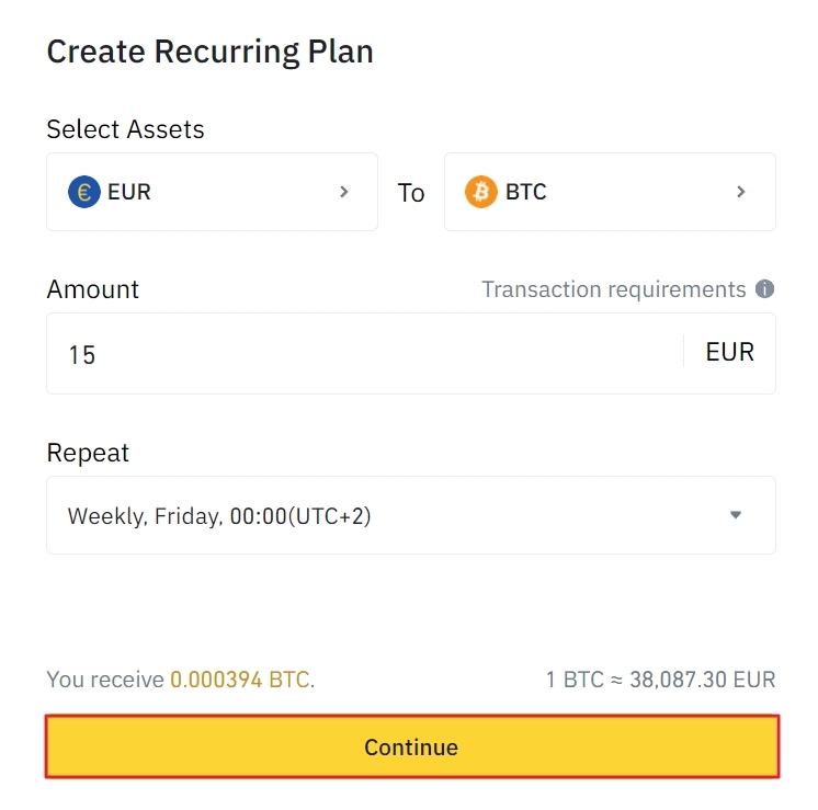 Select fiat, crypto, and frequency of investment with Binance Recurring Buy