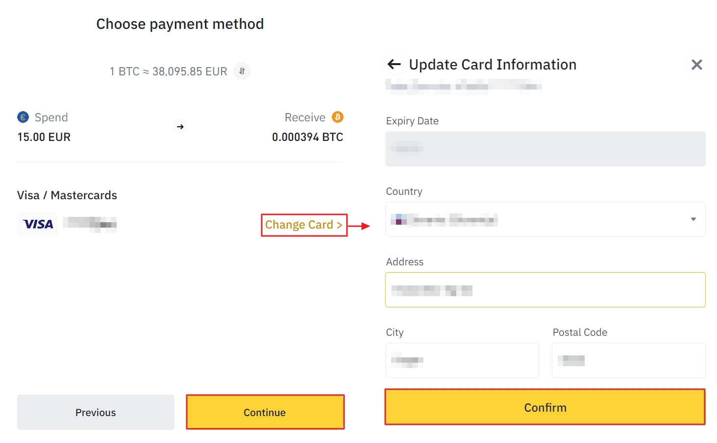 Select a payment method for Binance Recurring Buy