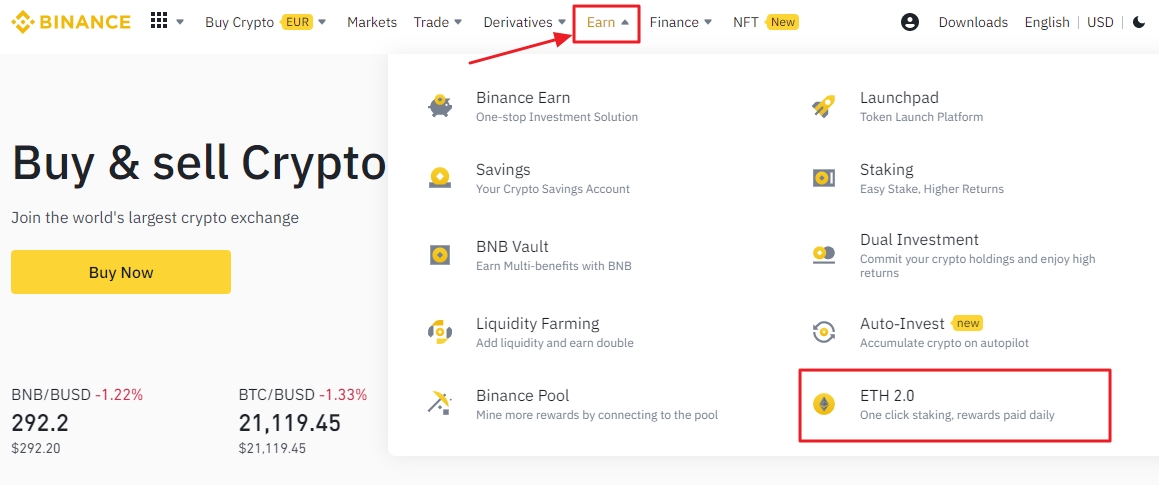 Log in to your Binance account and open ETH 2.0 Staking